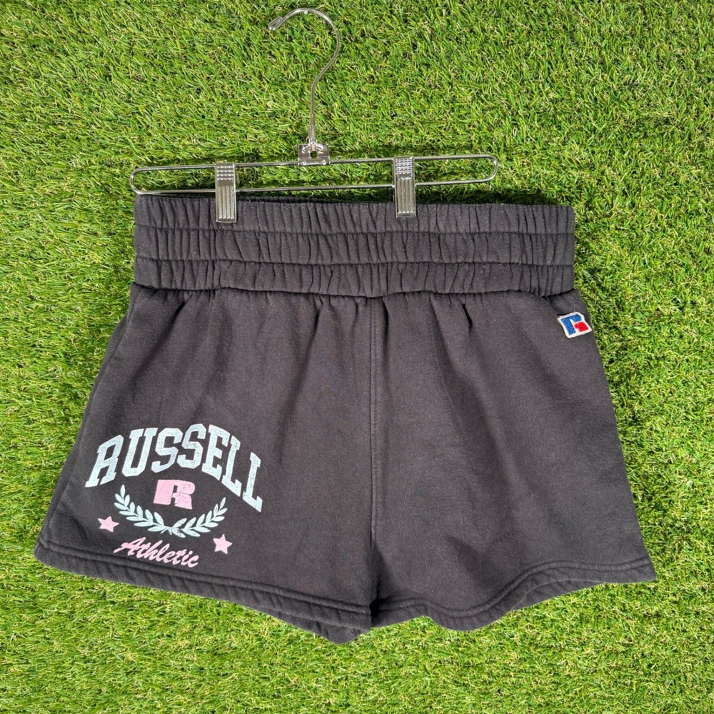 Russell Athletic Women's Sweat Shorts Black Logo Graphic Elastic Waist‎